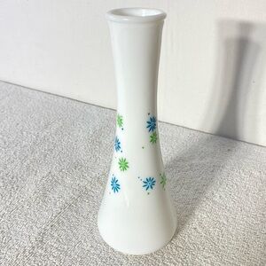 Vintage MCM Milk Glass Bud Vase W Green Blue Daisy Print